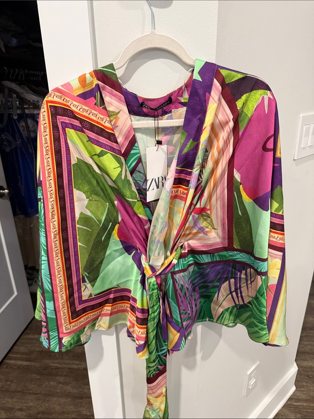 Zara Purple Green Multi-Color Tie-Front Blouse